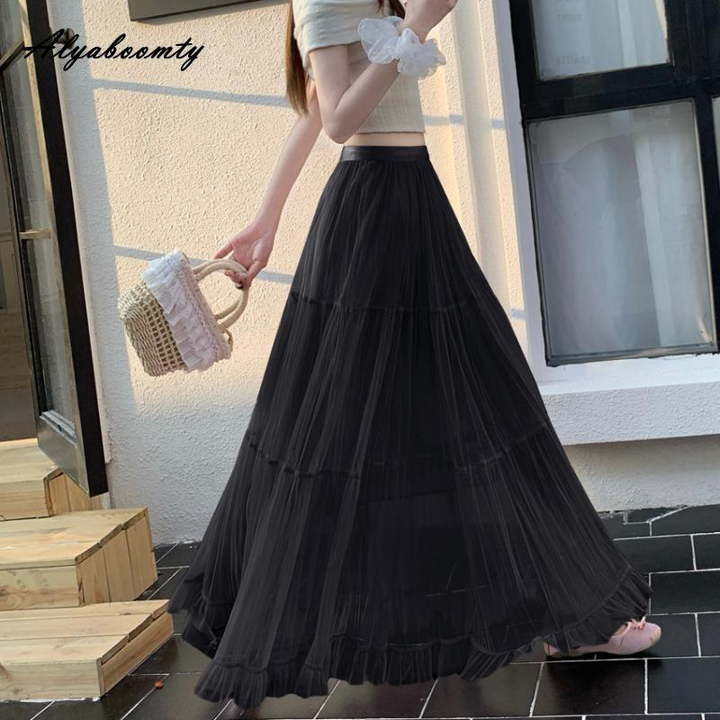 Женская midi юбка принцессы в весенне-летнем стиле, с высокой талией, коричневая, синяя, розовая, черная, абрикосовая, сетчатая юбка, романтичная, сказочная, длинная, для вечеринки One Size чёрный