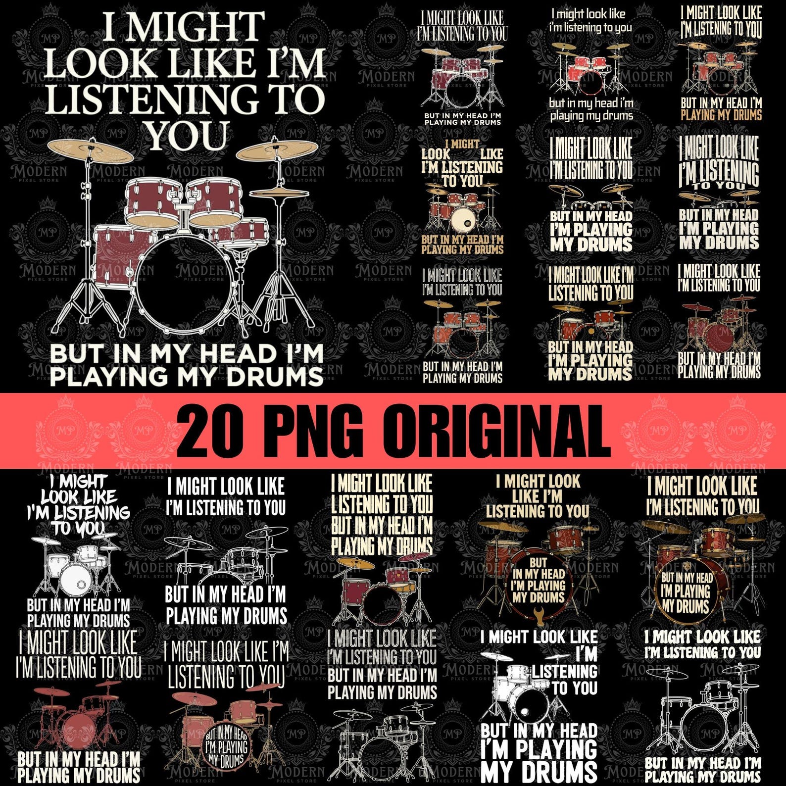 20 Funny Drummer Shirt Design, Drum Set Quote, Digital Download, Drumming Lover Gift, I Play Drums In My Head, Musician Graphic Design S