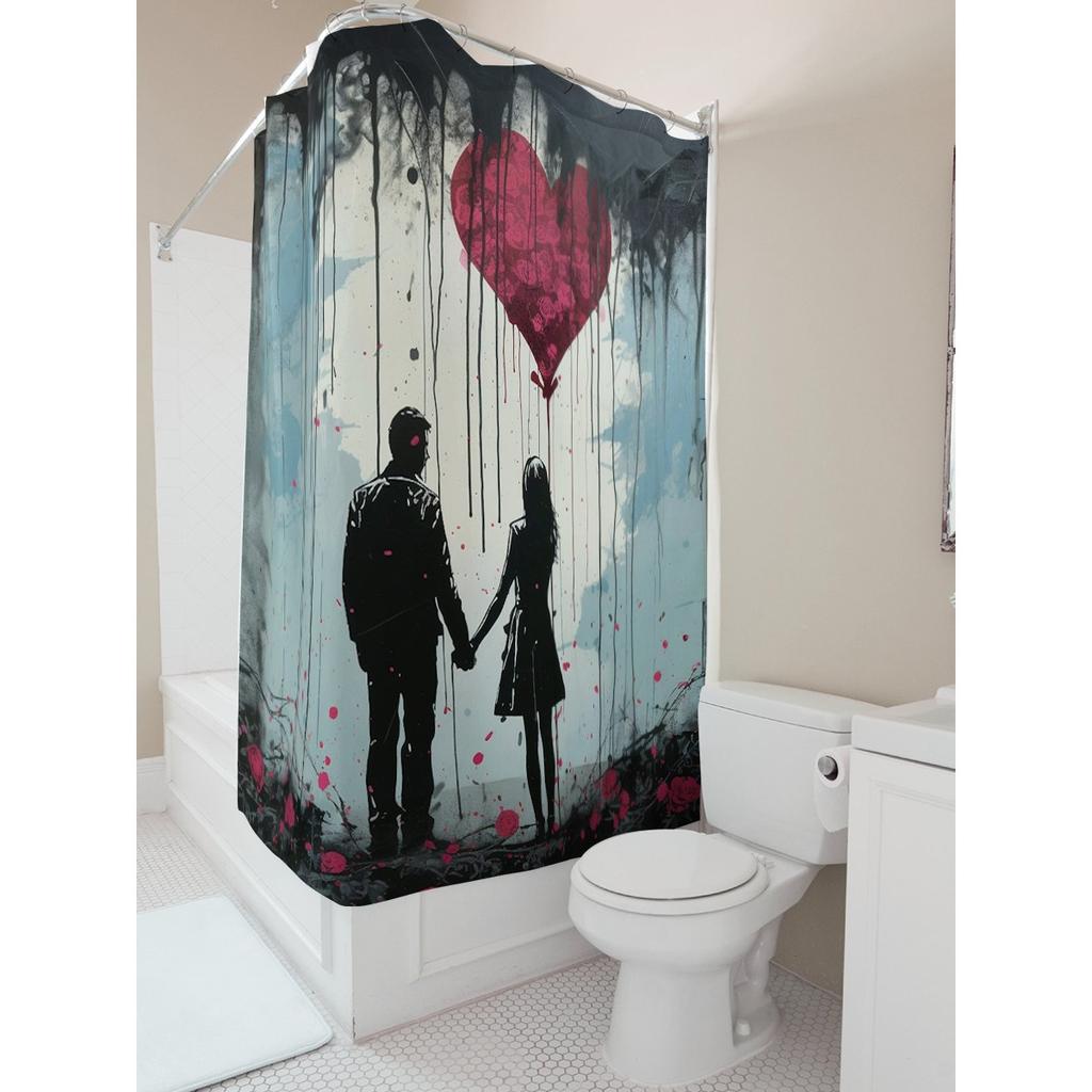 Romantic Couple With Heart Balloon Shower Curtain For Bathroom Decoration