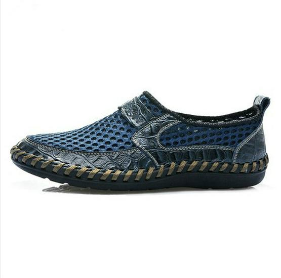 Men's Large Size Summer Breathable Mesh Shoes - Genuine Leather Crocodile Pattern
