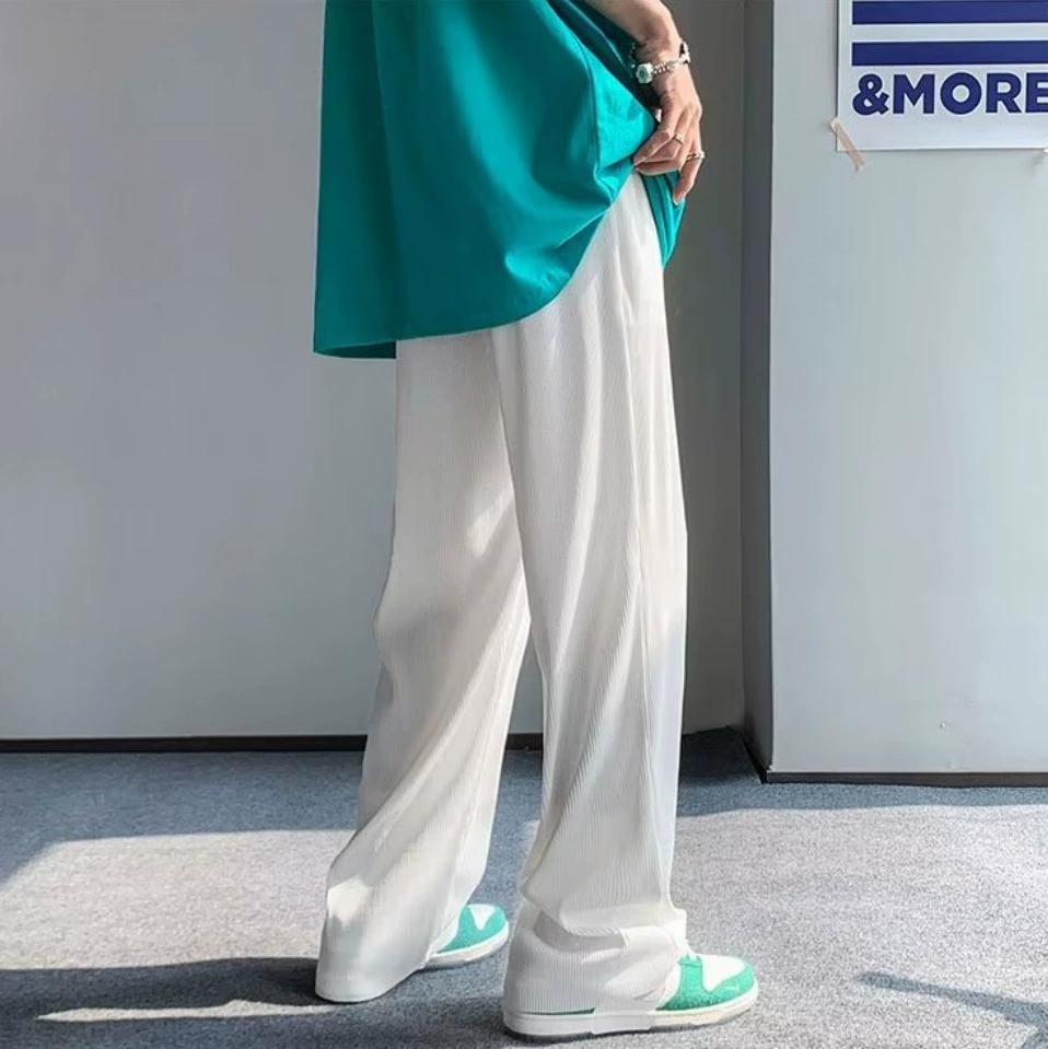 Ice Silk Men's Summer Thin Loose Casual Loose Waist Drapey Sport Long Pants Elastic Cuff Comfortable Lightweight Trousers
