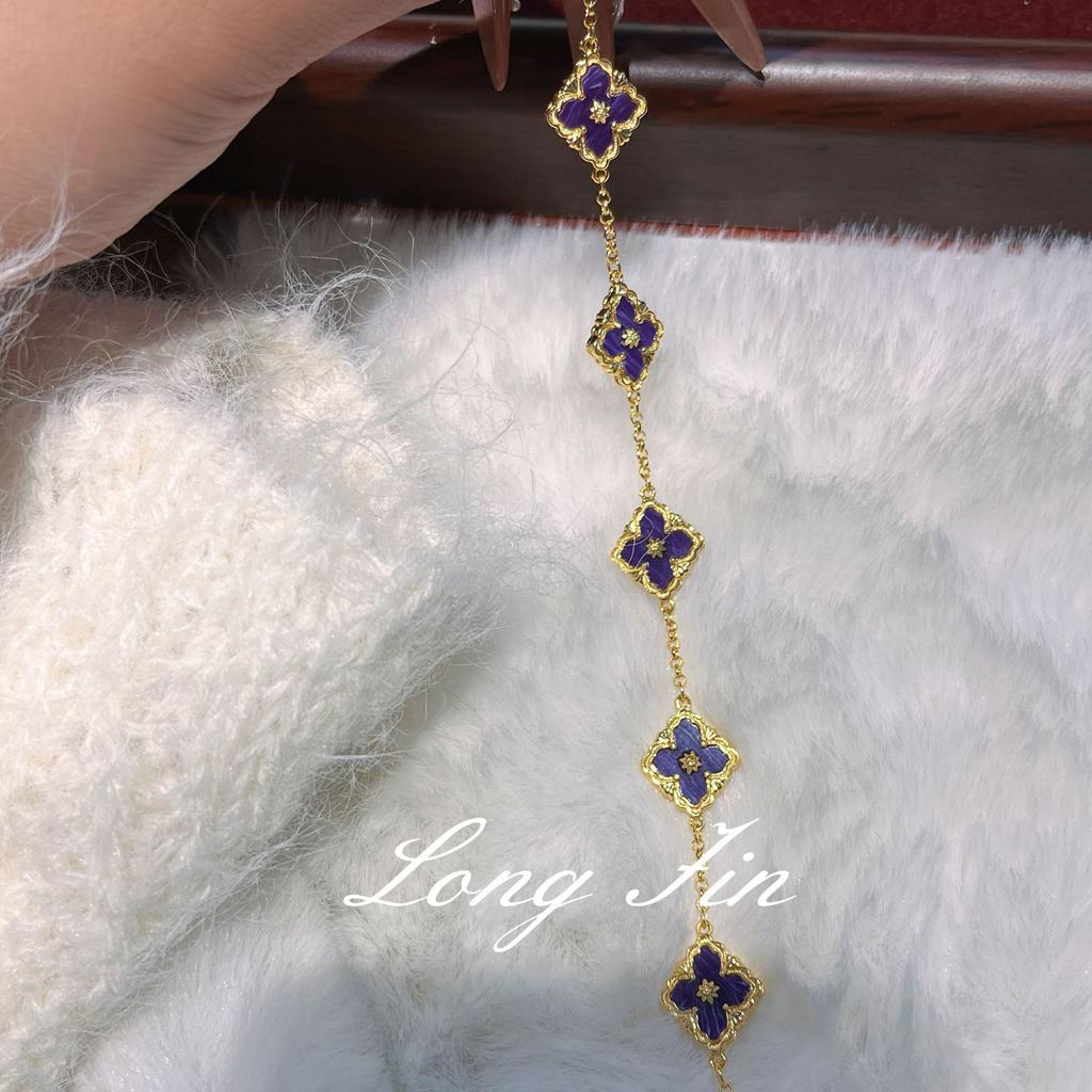 French Retro High-End Purple Dragon Crystal Turquoise Bracelet, Necklace, Earrings, Court Style Four-Leaf Clover Set, Live Broadcast Special