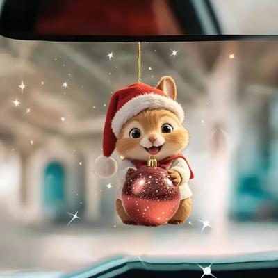 Akrylová ozdoba veverky se Santa kloboukem 2D vánoční ozdoba na stromek Slavnostní závěsná dekorace do auta, domova