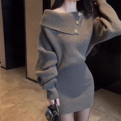 Vestido de punto ajustado elegante vintage para mujer, moda de otoño e invierno, prendas de punto lisas, vestidos casuales para mujer, vestido elegante de cintura alta con solapa para mujer 24781