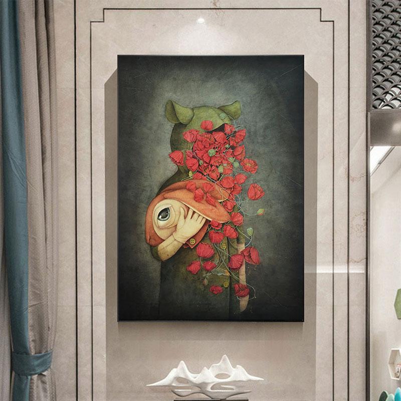 Arte abstrata moderna figura pintura em tela arte da parede flor na cabeça cartazes e impressões para sala de estar decoração do quarto dos miúdos