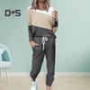 2 Pcs/Set Women Top Pants Suit Round Neck Long Sleeves Colorblock Sport Sweatshirt Drawstring Elastic Waist Trousers Fitness Outfit Fall Spring
