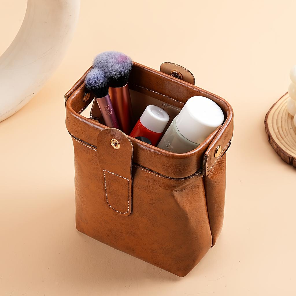 Bolsa de Cosméticos de Cuero PU Vintage Moda Color Sólido Gran Capacidad Billetera para Monedas Botón Caja Organizadora de Maquillaje