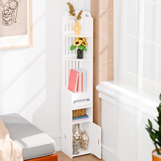 Small Bathroom Storage Cabinet Cabinet, Over The Toilet for Skinny Rack Corner Floor, Narrow with Paper Dispenser, Trash Can & Shelves (White)