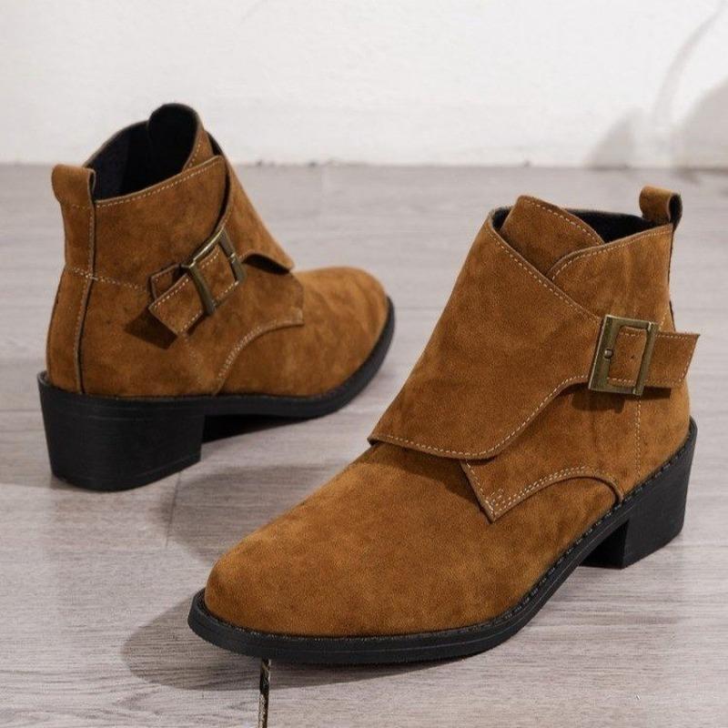 2024 Autumn Casual Women's Ankle Boots Retro Modern Boots Women Belt Buckle Pointed Toe Square Heel Shoes Women Zapatos