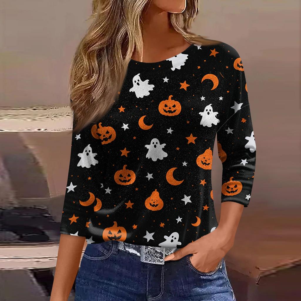 Women's Casual Three-Quarter Sleeve Round Neck Top with Halloween Print for Holiday Outfits