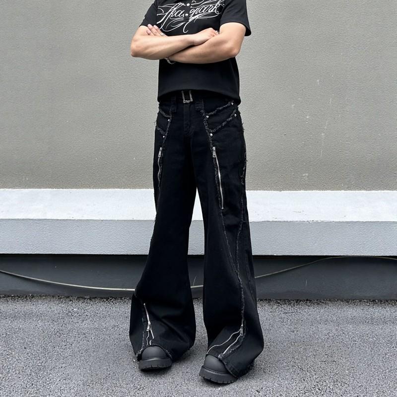 American High Street Heavy Duty Raw Edge Zip Flared Jeans Unisex Loose Straight Leg Denim Pants