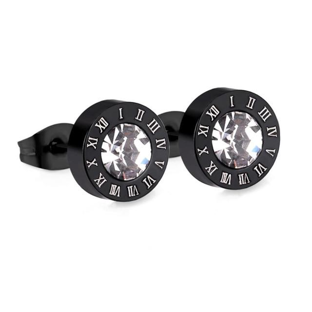 Stainless Steel Acrylic Crystal Stud Earrings for Women Men Punk Roman Number Clear Black CZ Bling Fashion Ear Jewelry