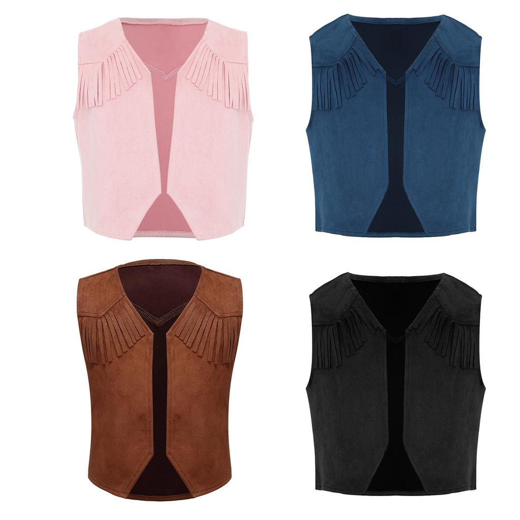 Klučičí westernová kovbojská vesta se špičatým lemem, třásněmi a designem s otevřenou přední částí, cosplay halloweenský kostým