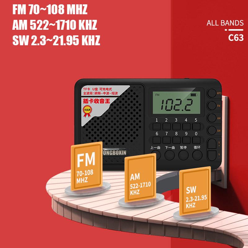 AM FM SW Rádio s plným rozsahom TF Prehrávač USB disku Prenosný MP3 reproduktor s nabíjateľnou lítium-iónovou batériou 18650
