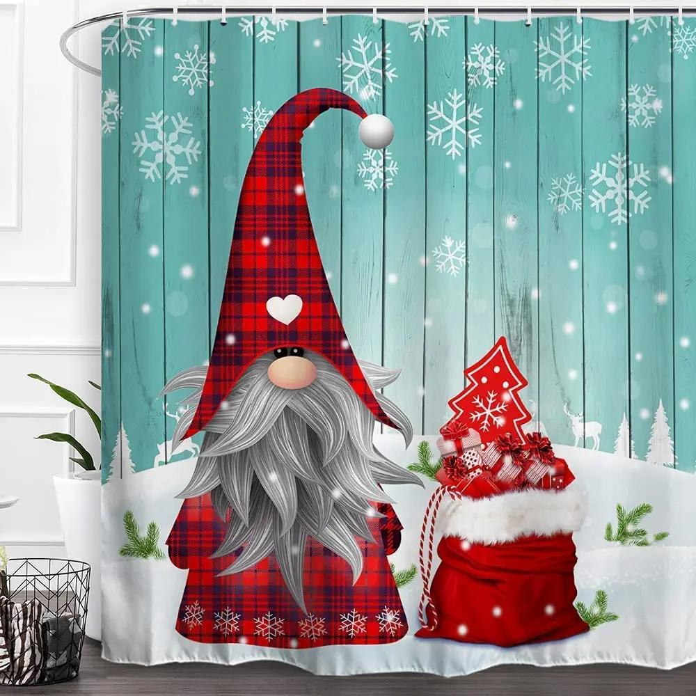Christmas Gnomes Shower Curtain Set,Cute Winter Xmas Holiday Tree Buffalo Check Plaid Shower Curtains For Bathroom Decor,Hooks