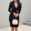 Damen Revers Bodycon Knopf Langarm Slim Fit Business Anzug Midi Kleid