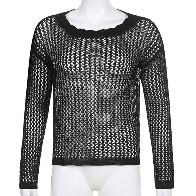 

Autumn Big Round Neck Hollowed Out Long Sleeves Sexy Loose Outer with Thin Babes Top Women L чёрный