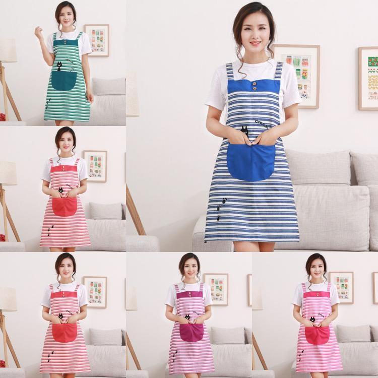 New Cute Home Womens Kitchen Restaurant Bib Cooking Aprons Pockets Striped Apron