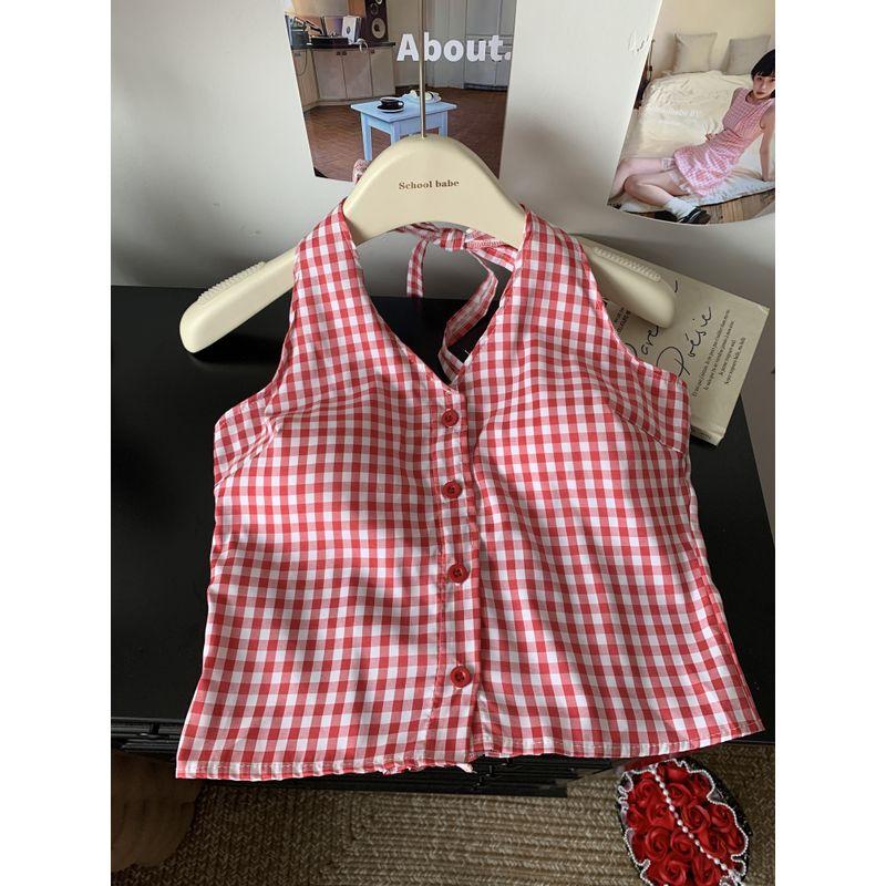 Kumikumi Retro Gyaru Plaid Halter Top Sling Women Clothes Summer Niche Chic Slimming Outer Wear Top