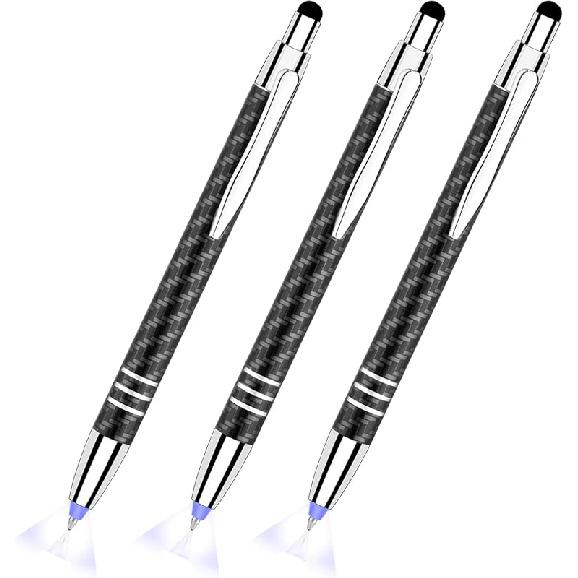 Glovion Lighted Tip Pen with Stylus 3-in-1 LED Penlight Light Up Pen Light Ballpoint Pen with Light for Writing in The Dark - Pack of 3 - White Light Blue Light