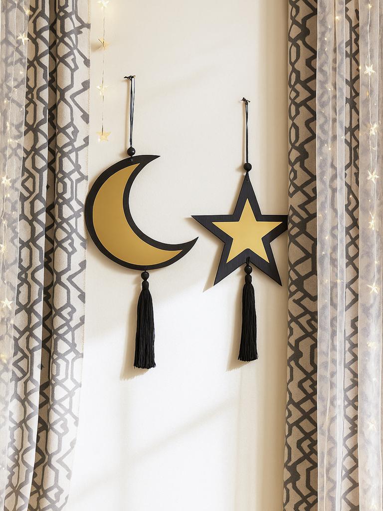 1pc Ramadan Moon Star Golden Mirror Wall Decor,Black Tassel Hanging Ornaments,Islamic Festive Home Decor for Ramadan & Eid Gifts