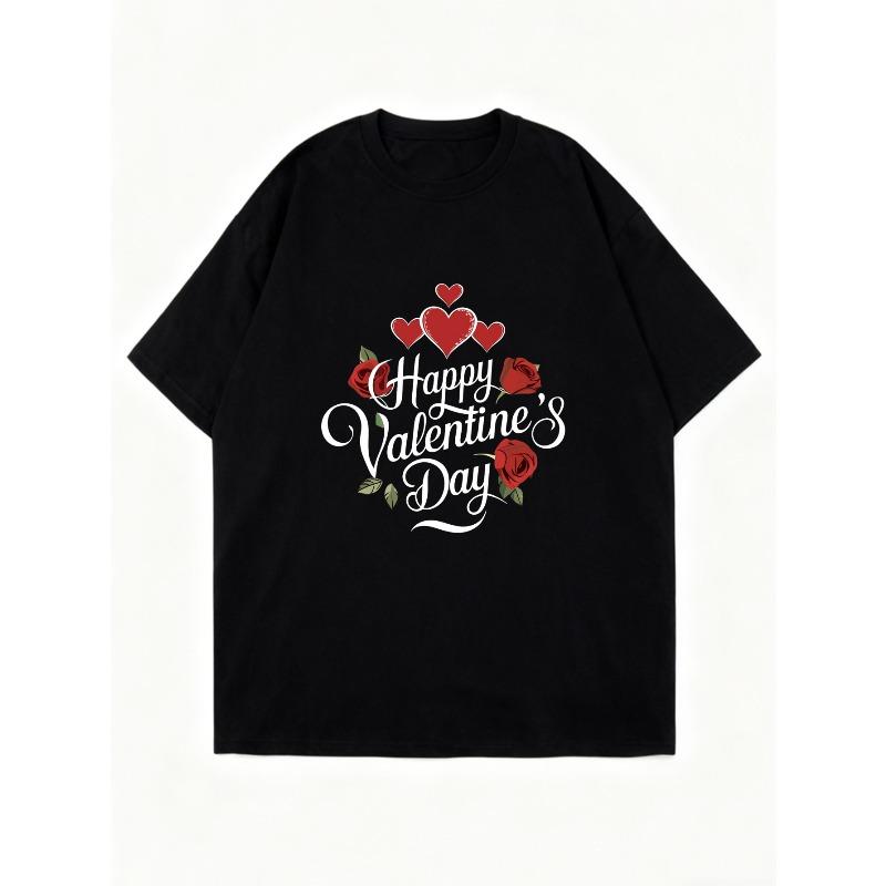 Schwarzes Oversize-T-Shirt Mit Happy Valentines Day Herz- Und Rosen-Print Für Den Valentinstag