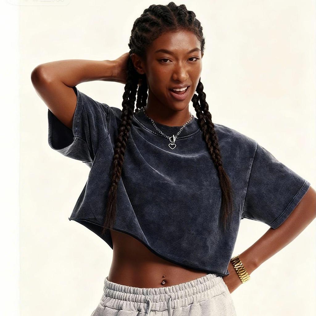 Women's Washed Vintage Cropped T-shirt: Heavyweight 230g Pure Cotton, Retro Loose Fit, Short Sleeve Waist-Length Top