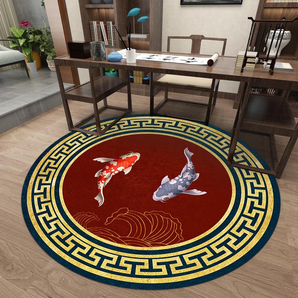 Round Chinese Style Pattern Carpet With Floral Bird Ginkgo Leaf Koi Fish Bamboo Soft NonSlip Rug For Living Room Study Bedroom