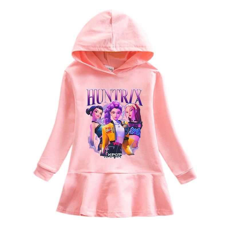 Girls Kpop Rumi Zoey Mira Hunters Printed Cotton Ruffle Hooded Dress