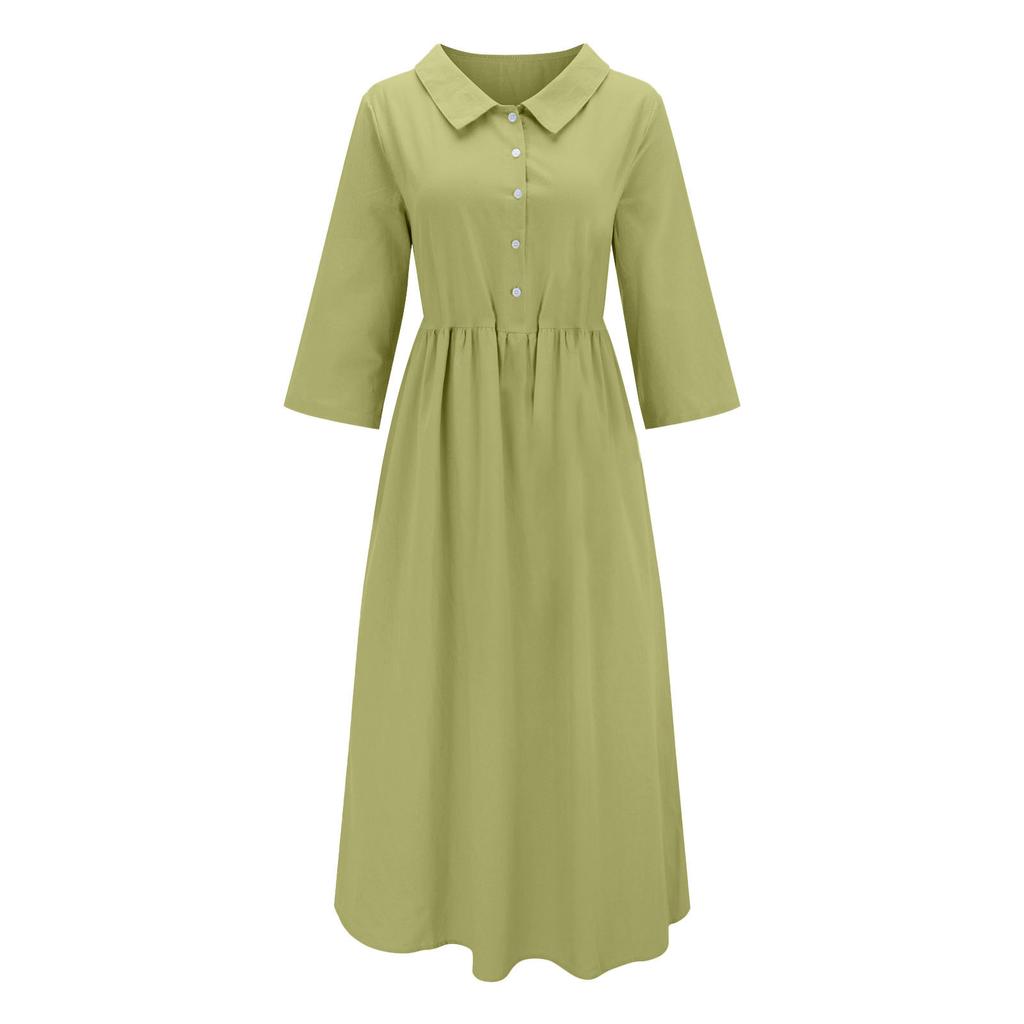 Women's Shirt Collar Button Front Midi Dress with Belt Casual A-Line Summer Dress Multiple Colors