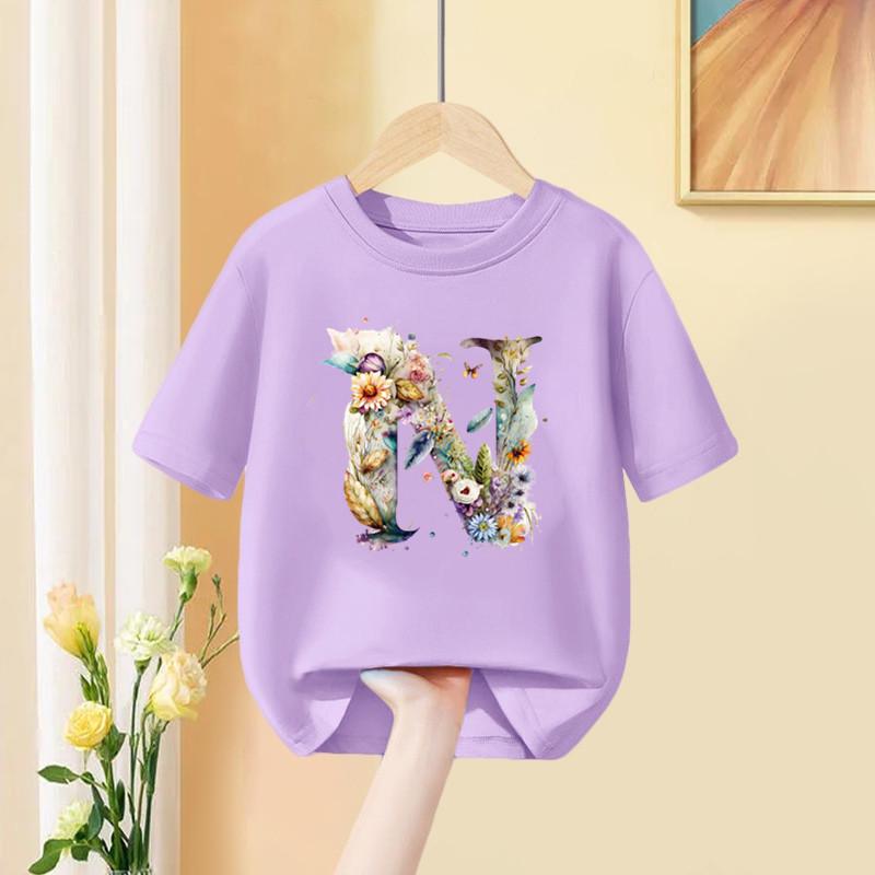Mädchen T-Shirt 26 Englische Buchstaben A B C D Kindermode Blume T-Shirt Kinder Benutzerdefinierter Name Buchstabe Sommer Lila Kleidung