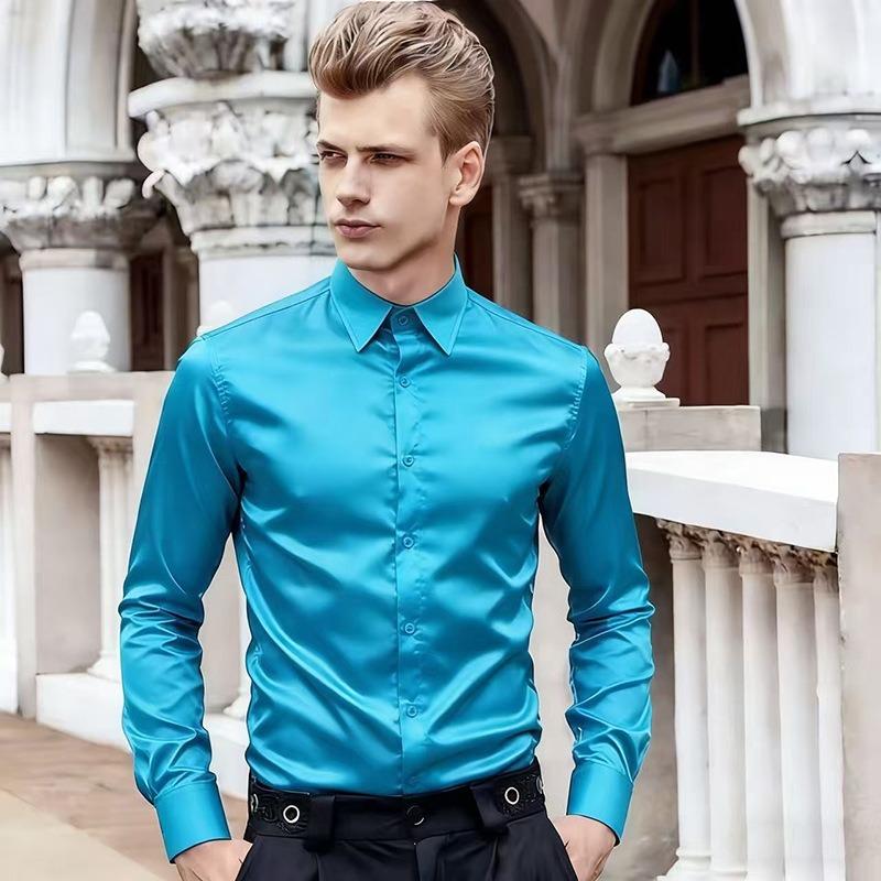 Mens White Long Sleeve Lapel Collar Slim Fit Formal Dress Shirt