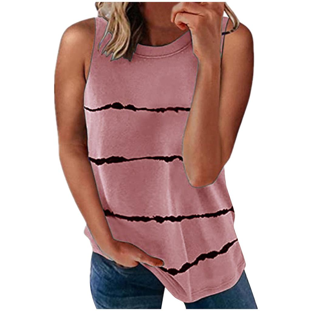 Fashion Women's Loose Sleeveless T-shirt Round Neck Striped Print Tops