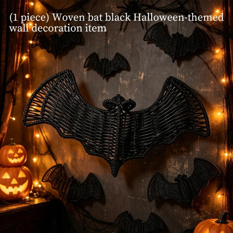Woven Faux Rattan Black Bat Wall Art Decors for Halloween Party Backdrops, Gothic Layering Hanging Pendants for Seasonal Home Displays
