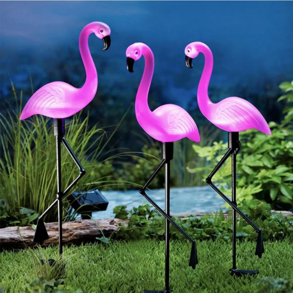 3Pcs Solar Powered Flamingo Ground Stake Lights Waterproof Outdoor Garden Pathway Decorative Night Lights for Yard Patio Lawn