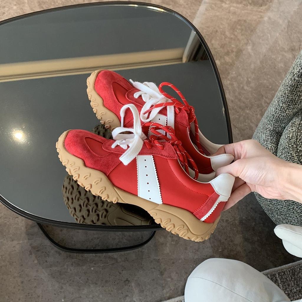 Leather~ 7cm inner height increase shoes color matching round head thick sole German training shoes women's new casual sports shoes Forrest Gump shoes