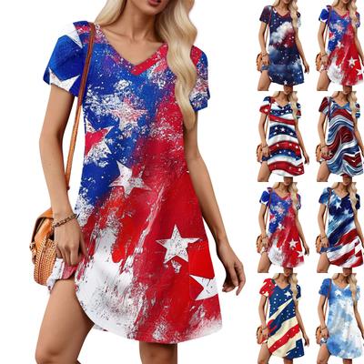 Women's Petal Short Sleeve V Neck Loose Fit Independence Day Print Swing Sundress With Pockets