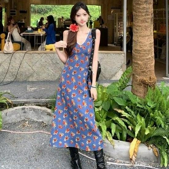Women's Elegant French Blue Floral V-Neck Sleeveless A-Line Dress - Summer Seaside Style