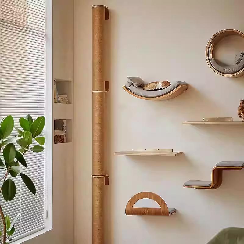 Wall Mounted Cat Climbing Shelves Hammock Scratcher Perches Solid Wood Steps Stairs Cat Furniture for Activity Indoor Cats