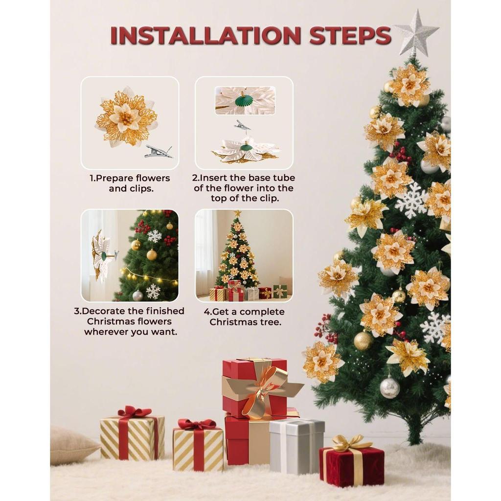 12Pcs Gold Christmas Poinsettias Flowers Decoration Artificial Flowers for Xmas Tree Ornaments Suitable for Home Christmas Decorations