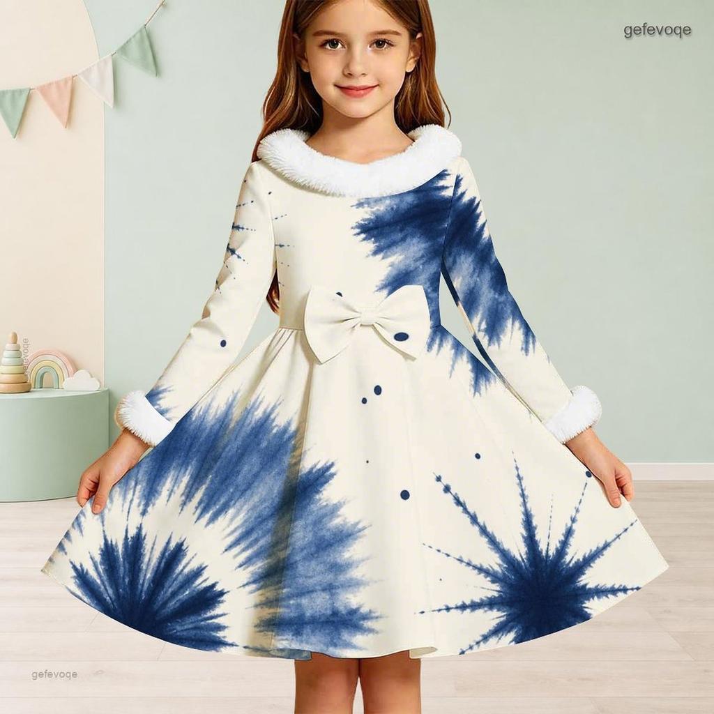 Little Girls Furry Collar Long Sleeve Printed A Line Flared Dress
