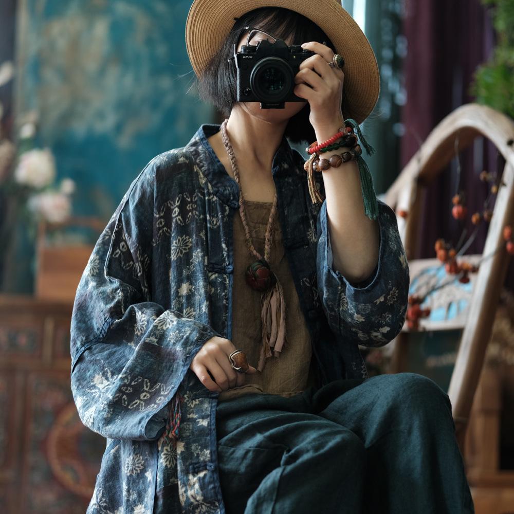 Johnature Women Vintage Print Floral Shirts Tops Print Floral Linen Blouses Spring Stand Long Sleeve Women Shirts