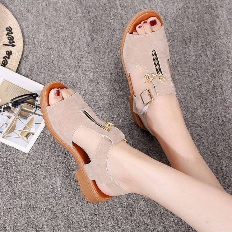 Sandalen Damen Sommer neu Koreanische Version Student Sandalen mit dickem Absatz Zehenfrei einfarbige Schuhe mit Reißverschluss flache Sandalen Damen san
