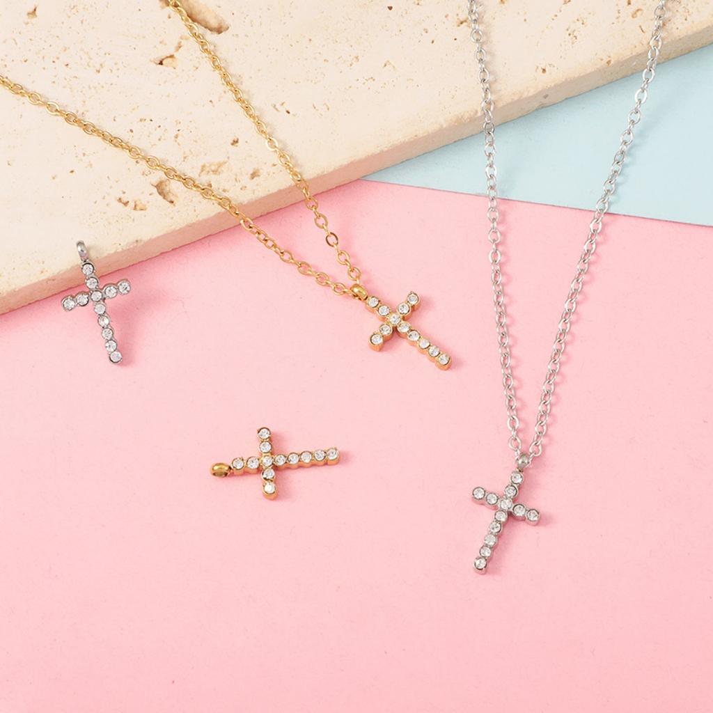 Stainless Steel Cross Necklace With Rhinestone Gold Color Classic Religious Zircon Women Gift Wholesale