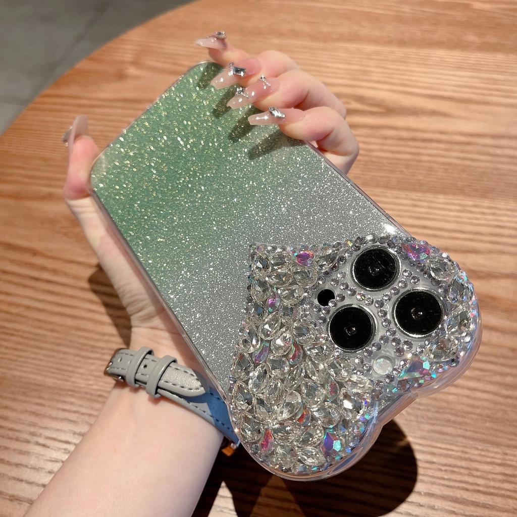Suitable for IPhone16Promax Phone Cases, Heart-shaped Water Diamond 14/13, and Apple 15 Protective Cases with Gradient Glitter
