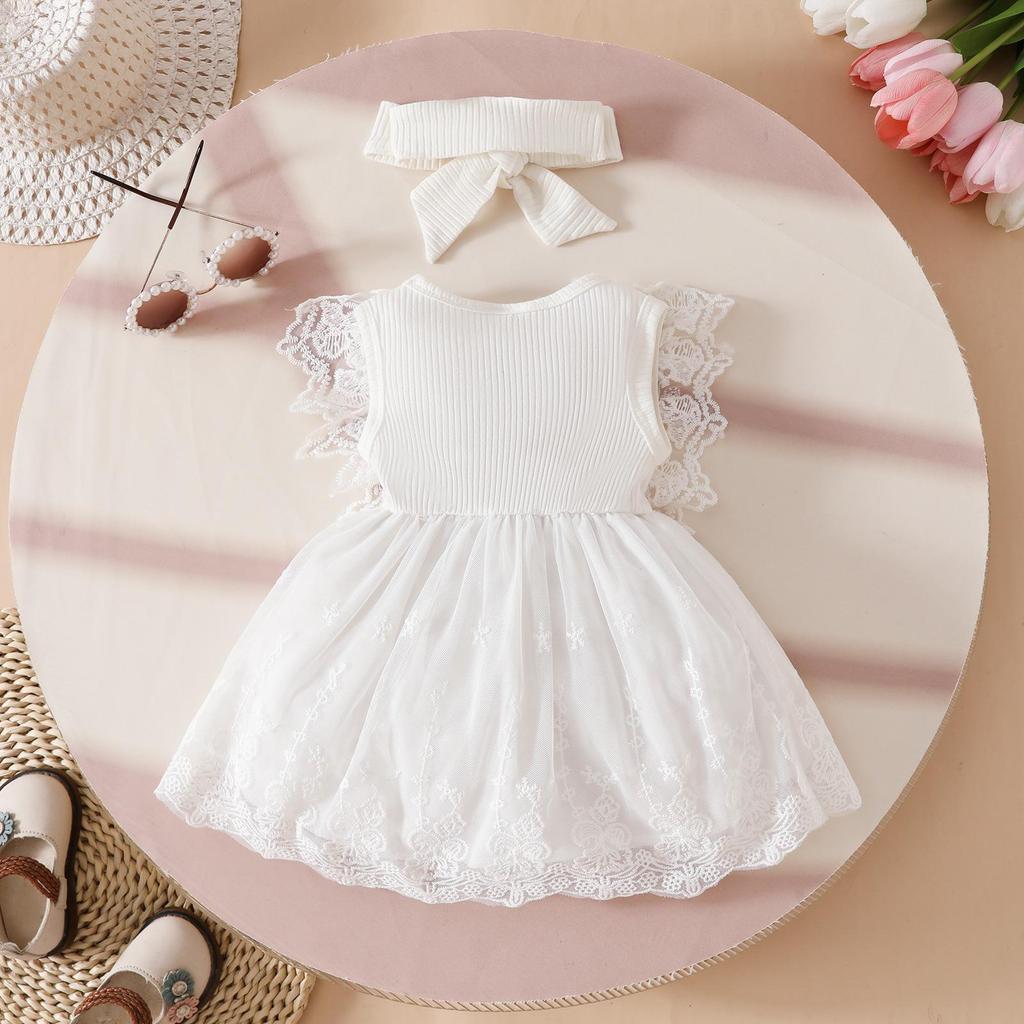 Set Abito da Battesimo Senza Maniche con Pizzo Floreale e Fascia per Bambina 2025