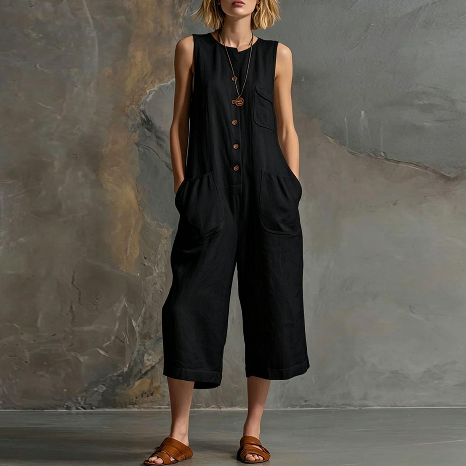 

Women s Fashionable Color Button Sleeveless Pocket Casual Retro Wide Leg Seven Part Jumpsuit L чёрный