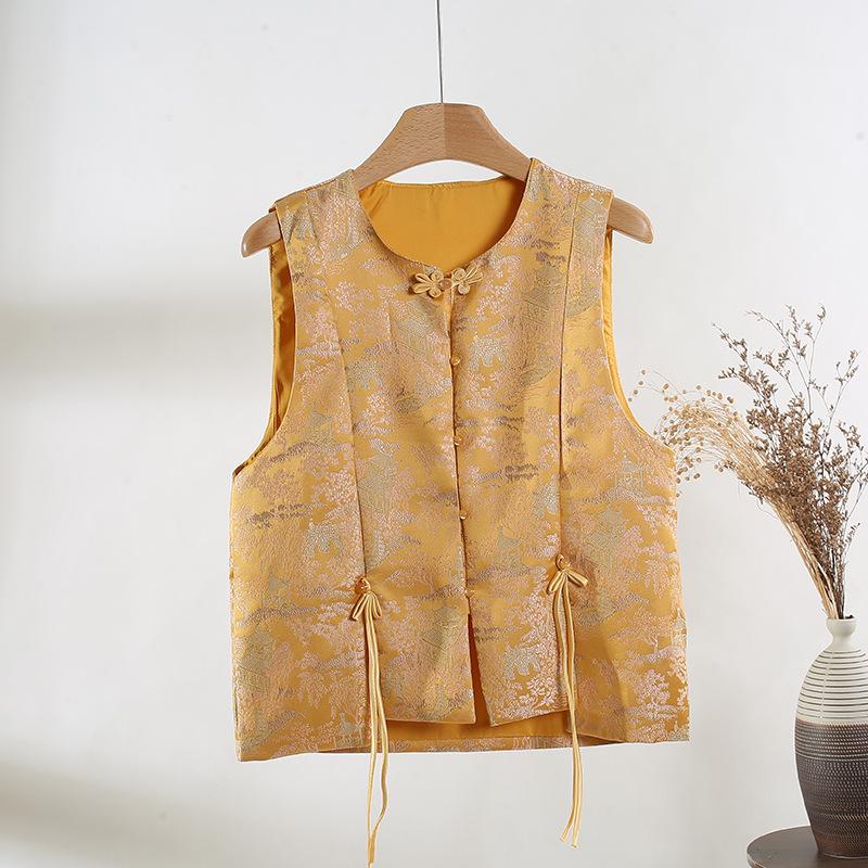 

Женский жилет из настоящего жаккардового парчового материала, новинка начала весны 2025 года, жилет-топ со сладким темпераментом XXXL [Recommended 138-75kg] жёлтый