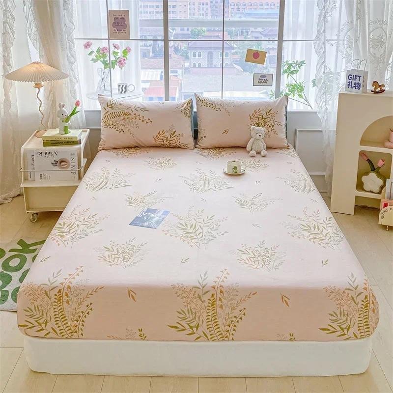 Kawaii Bear and Rabbits Printed Fitted Sheet Set Pure Cotton Cartoon Animals Mattress Cover for Kids Boys Girls Bedroom Decor