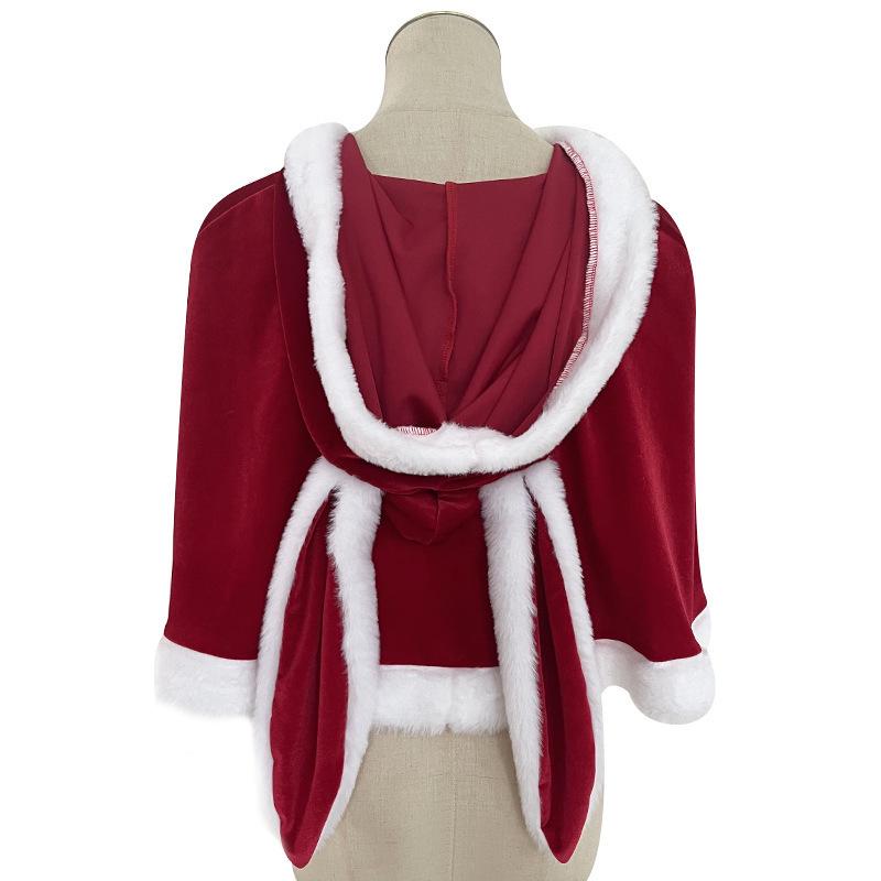 Winter Velvet Rabbit Ear Hooded Red Cape with Bow - Christmas Cosplay Accessory